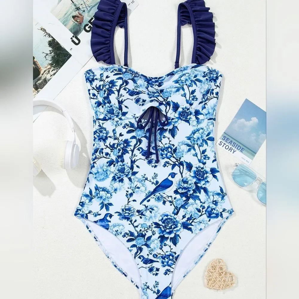 Cutout Ruffled Spaghetti Strap One-Piece Floral Blue Ruffle Strap Swimsuit S M